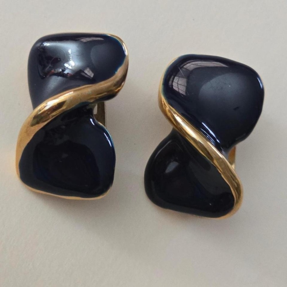 Vintage Navy‎ Blue Enamel Gold Tone Twist Clip On Earrings Abstract Statement